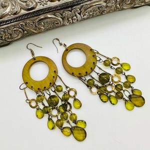 Vintage Green Crystal Wood Statement Earrings